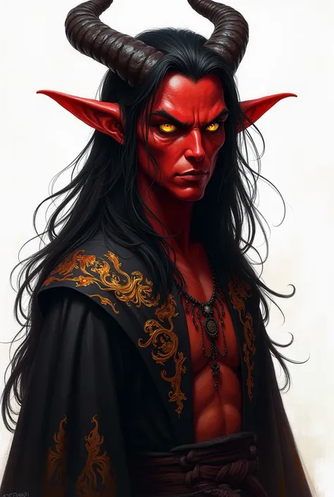 A dark red-skinned tiefling,  with bright yellow eyes and horns that point back .  He wears a black robe decorated with fire and smoke patterns,  and his black hair fall on the shoulders .  Art painting semi-realistic white background .