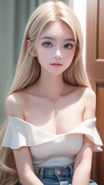 Realistic、The ultimate beautiful blonde、Ultra Recruitment、One baby-faced young idol girl、Distant Gaze、ootd、Off-the-shoulder white top、Round and young face、Accessories Full、 Necklaces 、Large, clear, beautifully shining, incredibly bright light blue eyes、 bi...