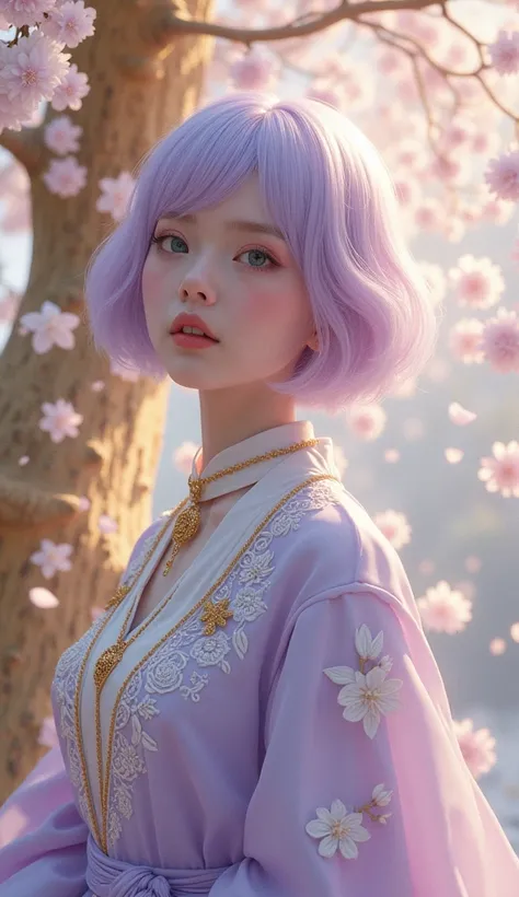  imaginary　Gold Tree 　White Cherry Blossoms　 light purple coat　White embroidery　 wearing gold ornaments　 pretty girl 　 short hair 　light purple hair 　