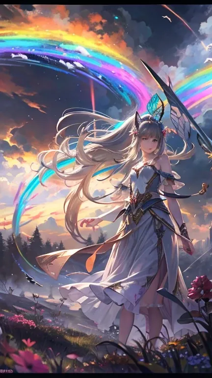 (Approaching Tornado :1.2)、(storm)、(Draw a tornado)、(  Fairy Confronts Alone to Stop a Raging Tornado:1.2)、  fairy woman drawing a tornado、  SHARP CONCENTRATION 、Bioluminescent Forest 、Rainbow fairy wings、 Seductive Expression 、 very detailed background 、F...