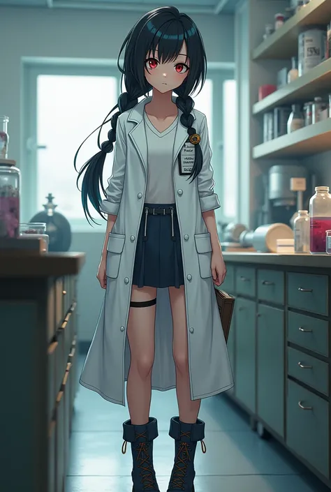 Create a sister of Ishigami Senku from Dr. Stone with black hair in a neat crown braid, red eyes wearing a biologist lab coat and boots 