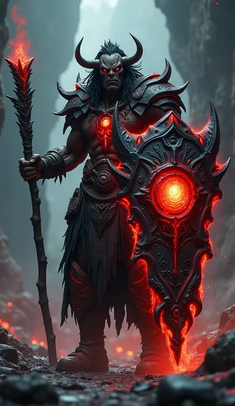 (A cinematic, full-body depiction of an evil orc shaman from World of Warcraft, radiating dark, elemental power and wielding a sinister staff and an ominous magical shield. The shield is jagged and brutal in design, crafted from blackened metal and adorned...