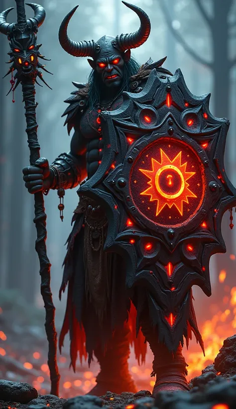 (A cinematic, full-body depiction of an evil orc shaman from World of Warcraft, radiating dark, elemental power and wielding a sinister staff and an ominous magical shield. The shield is jagged and brutal in design, crafted from blackened metal and adorned...