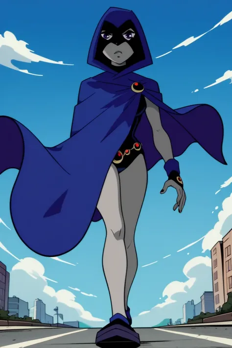 1girl, solo, raven (dc), purple eyes,  purple hair, grey skin, forehead jewel, blue cape covering whole body, long blue cape, wind, hood covered head, from below, walking, High Resolution, Best Quality, Masterpiece, 