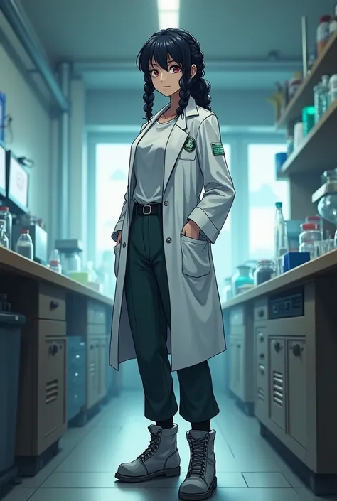 Create a sister of Ishigami Senku from Dr. Stone with black hair in a neat crown braid, red eyes wearing a biologist lab coat, trousers and boots 