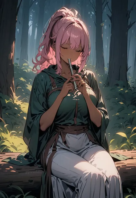 { - anatomy error} , ((Best Quality)), ((masterpiece)), (detailed), 1 woman, solo, dark brown skin, pink hair, gold eyes, ponytail, ribbon, mature, mature female, wearing robin hood outfit, bycocket, sitting on a wooden log, playing the flute, eyes closed,...