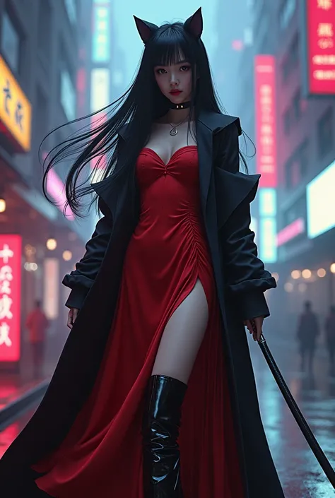 Anime art. A Japanese woman with a mature and elegant aura, extremely beautiful. She has long black hair and wears a long black coat with cat ears attached. Under the coat, she is dressed in a red gothic dress. Her legs are adorned with black long boots. T...