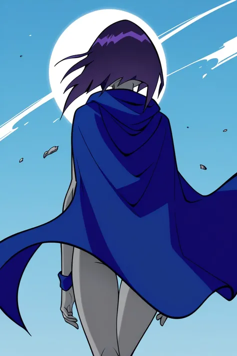 1girl, solo, raven (dc), purple eyes,  purple hair, grey skin, forehead jewel, blue cape covering whole body, long blue cape, wind, hood covered head, from below, from behind, High Resolution, Best Quality, Masterpiece, 