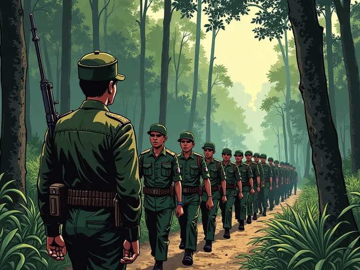 generate me a scene of comic with this detail Scene 5: Retribution Begins
Setting: A forested area, where soldiers loyal to Suharto prepare for a counterattack.

Caption:
“Major General Suharto quickly takes charge, mobilizing forces to restore order.”

Su...