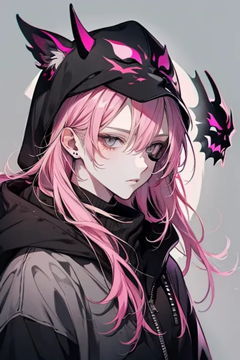 Beautiful young man, pink-haired, ((Gray eyes)), shoulder length hair, Black mask, Black hoodie, Hood Up,High quality, amount of drawing, pixiv illustration