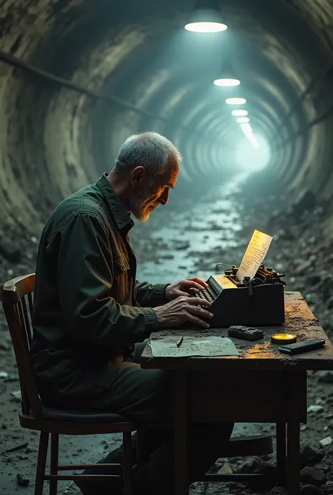 A old soldier sitting at an old typewriter in a post-apocalyptic metro tunnel. Style metro 2033 