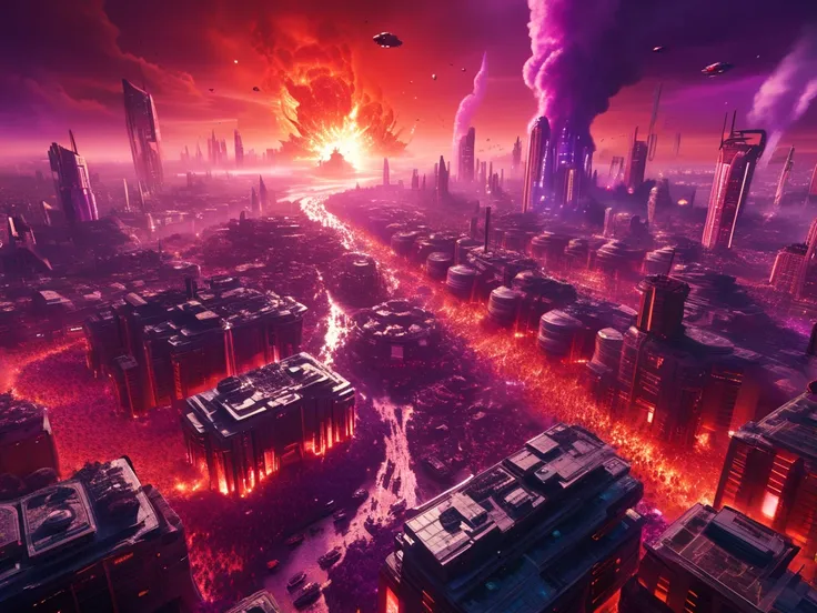  create a giant human colony city , futurist,Being attacked,  completely destroyed , on fire,  with the red sky ,ships fleeing , buildings falling down,  complete chaos ,  with many purple portals emerging in the sky,  as if they were tearing apart reality...