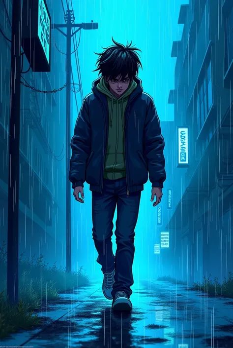 Cover of a modern punk rock album but like a cartoon about a young adult who walks in the rain where the color blue stands out and his face cannot be seen