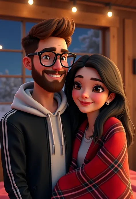 Create a digital illustration in the Pixar/Disney style, depicting a young and happy couple in a cozy, rustic setting. The man should have short brown hair, a full beard, and wear modern-framed glasses. He is dressed in a black sports jacket with white det...