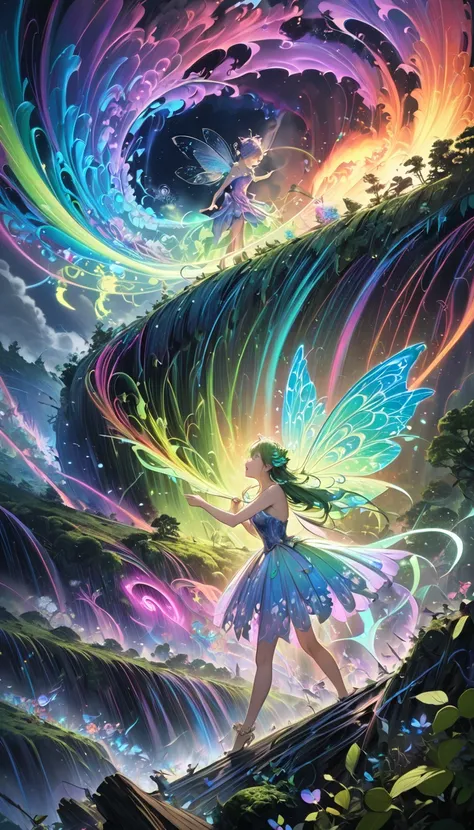 (Approaching Tornado :1.2)、(storm)、(Draw a tornado)、(  Fairy Confronts Alone to Stop a Raging Tornado:1.2)、  fairy woman drawing a tornado、 Bioluminescent Forest 、Rainbow fairy wings、 Seductive Expression 、 very detailed background 、Fantasy Magic、 DRAMATIC...