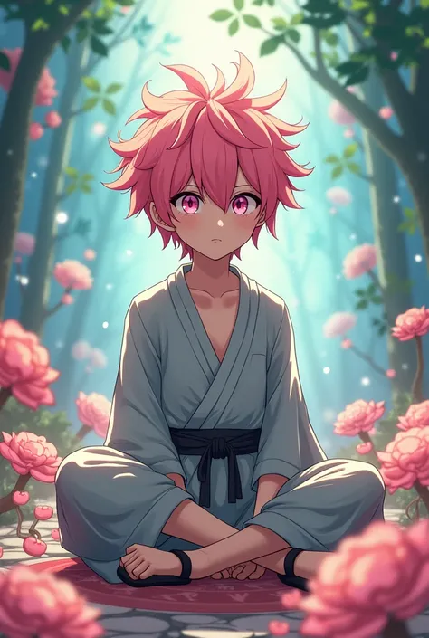 Create an animation-style character this character in a gray kimono has bright pink hair, his hair is messy pink and his eyes are light pink and hes wearing a black sandal