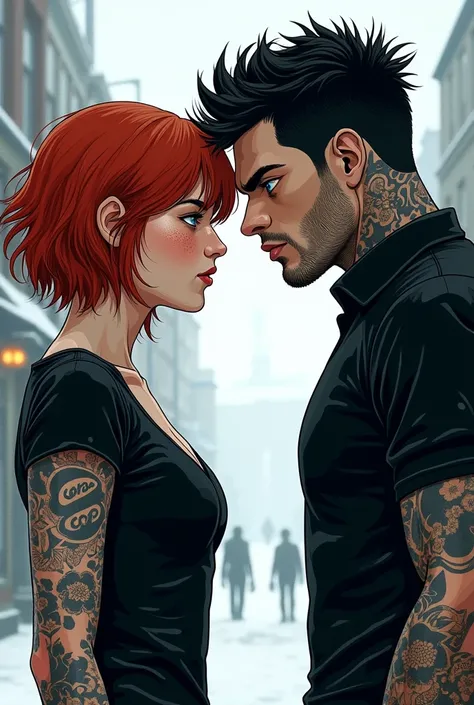  Background of a fictional cold city ,  19-year-old red-haired girl ,  with blue eyes ,  short hair, with freckles,  wearing a tight black dress, facing her, a 20-year-old black-haired boy ,  with blue eyes , with tattoos, tall and loud,  Dressed in black,...