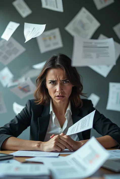 Woman with a desperate face with a table full of papers flying around the company