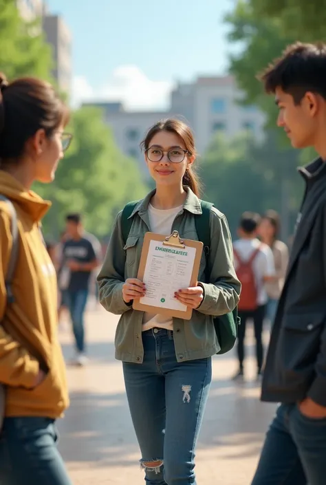 person doing a survey on environmental awareness to university students