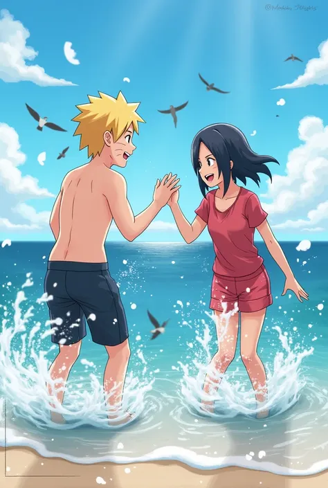 Boruto and sarada,2s,short hair,boruto uzumaki,sarada uchiha,at beach,splashing water at each other,playing with water,smiling