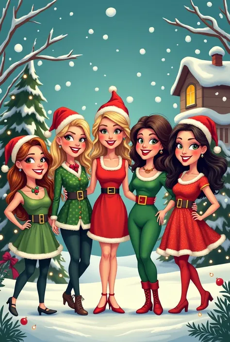 Caricature-like image of 5 Christmas women
