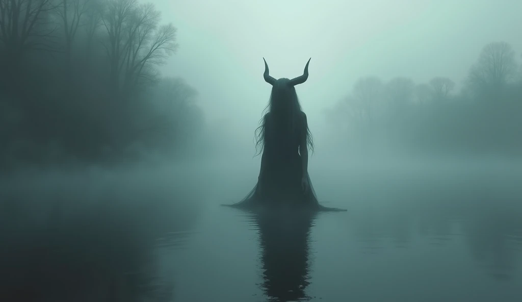 heavy fog ,  dark environment, Shadow of a woman with horns and very long hair on a lake,  impressionist painting style 