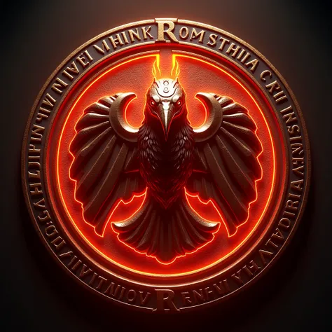 3D, High Contrast, RED-GOLD round emblem, antic Egyptian style, logo: R, glowing runes, letter "R", GODLESS raven HEAD glowing, red fire, magic, runes magic, divine, glowing, hd, cinematic, power, metal style, epic, glowing runes, hell,