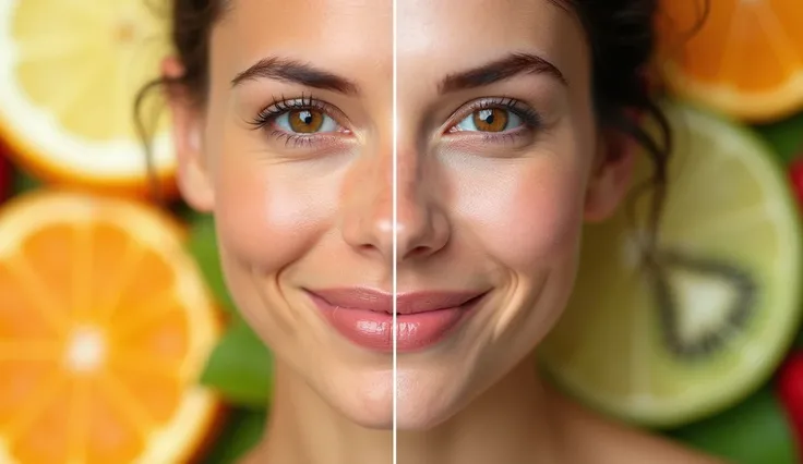 A striking thumbnail for a video about the benefits of fruits for rejuvenating the skin. The image shows a woman, split in half in a before and after format. On the left side, the “before” image, her skin is showing wrinkles, expression lines and a tired t...