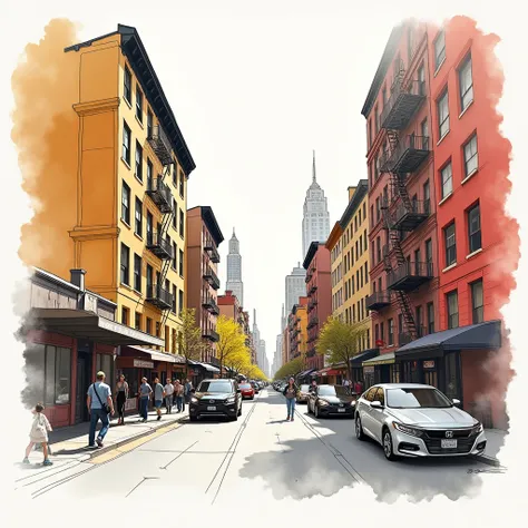  urban sketching style .  of a New York street ,  using blurring and thick lines , beige, coral, gray, yellow sketch .  The outlines in black ink highlight the details of the structure and the urban elements,  while watercolor adds color and soft shadows ,...