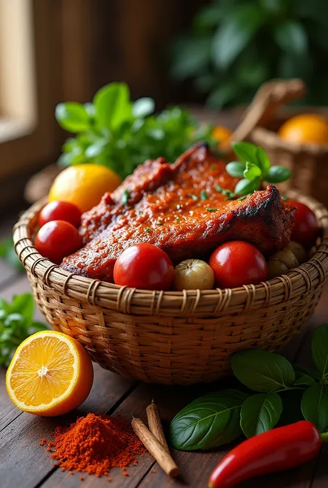 Ingredients for Cochinita Pibil in a basket 