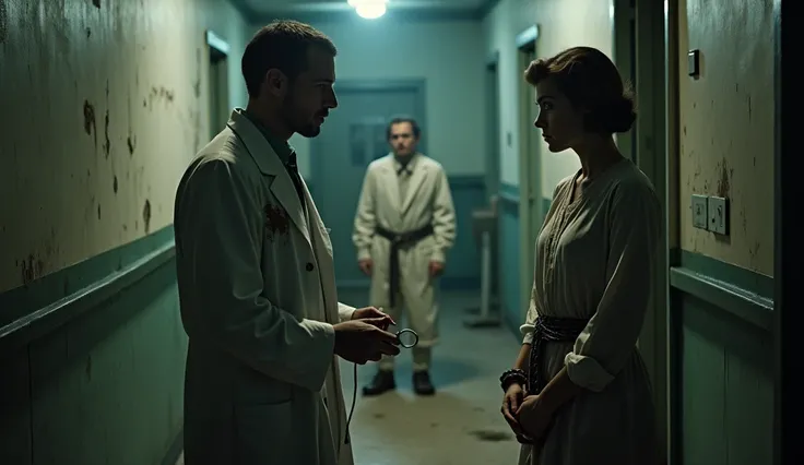  • Characters :  A doctor with a disturbing expression and patients shackled in straitjackets. 

 • Description :  Scene of a dark corridor in the hospital . 

 • Era : 1920s. 

• Outfit:  The doctor in a stained white coat ,  the patients in simple clothe...