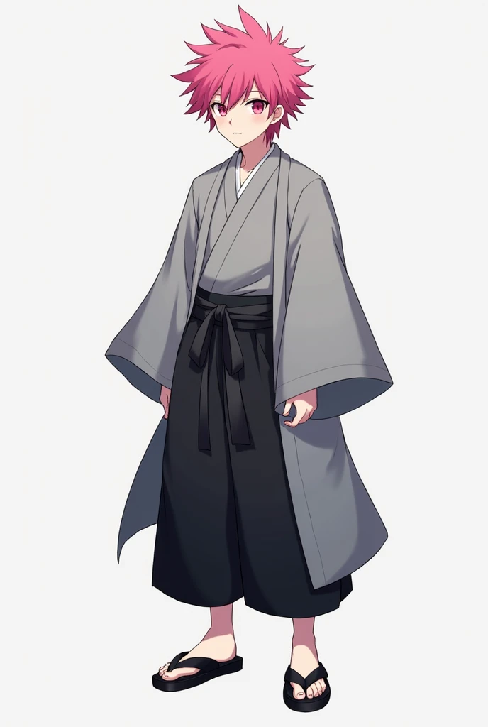 Create an animation-style character this character wears gray kimono and wears black kimono pants has bright pink hair his hair is messy pink and his eyes are light pink and hes wearing a black sandal and hes a 
