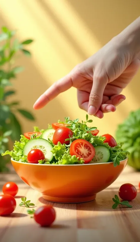 Tiny tomatoes sit in a colorful salad bowl filled with shredded lettuce, cucumber, and carrots. He smiled while waving his hand, as if to say, "Lets eat healthy!", no human