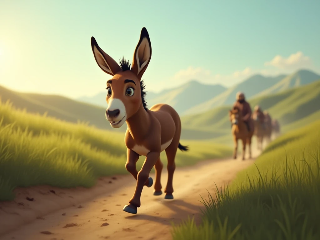 "A small brown donkey , with pointed ears,  jogging with energy while the  cheers him up with an expression of emotion and determination. Around you,  the landscape is filled with soft hills and green fields .  The sky is already illuminated with a soft sh...