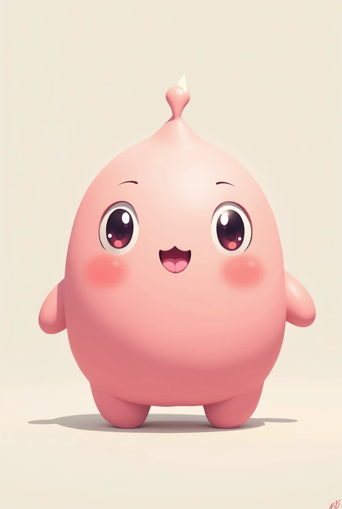  realistic anime-style image　Pink round creature 　 looks like a two-legged balloon 　Short Hand　Big Feet　 large round eyes that take up half of its face