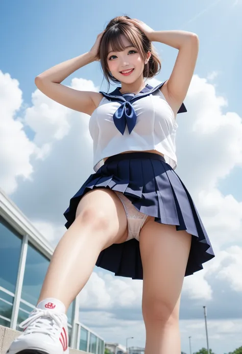 (masterpiece, 高いest quality:1.2), 8k, Official Art, RAW Photos, Unbelievably absurd, (Sleeveless sailor suit、Pleated skirt:1.4), A stunningly beautiful 16-year-old girl,((Hands on head with armpits visible))、Surprisingly cute smile,(((The front of the shir...