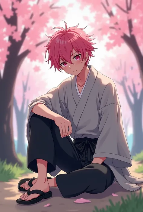 Create an animation-style character this character wears gray kimono and wears black kimono pants has bright pink hair his hair is messy pink and his eyes are light pink and hes wearing a black sandal and hes a  and hes sitting against a background of cher...