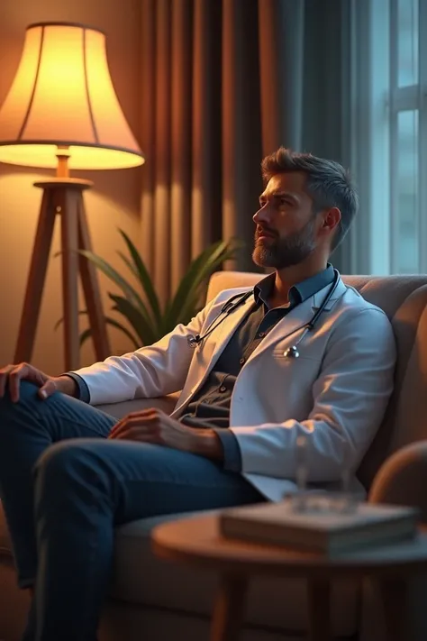 A doctor is sitting on a comfortable sofa in his home, relaxing in soft lighting. A small table in front of him holds a book, and there’s a glass of water beside him.