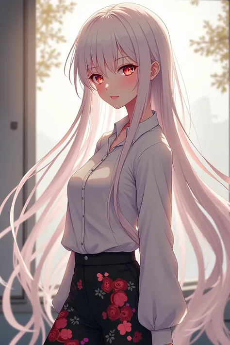  Anime Cute Women ,White hair long hair , Pretty light red eyes , Long sleeved shirt dress , White Line Black Vibrating Pants