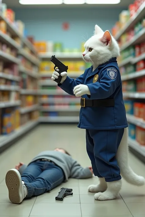 a white cat wearing a blue police uniform with the word "POLICE" written on it. The cat is standing on its hind legs and is holding a gun in its right hand. In front of the cat, there is a person lying on the floor with their arms stretched out to the side...