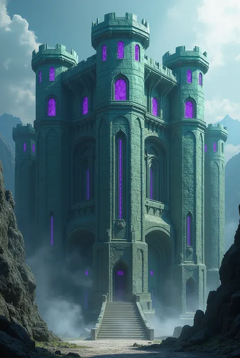  Fortress of bright purple windows ,  with the touch of a large old fantasy library, that gives off a dungeon air , green stone pillars ,  green roofs with cyan touches, narrow and large ,  to cause impact , symmetrical, Made for giants, angosta, complex, ...