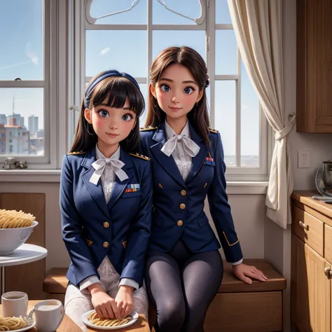 Two Women .(bluesky).window (8k)  Inside   room. Winter. Hair pins ribbon. Lace . Navy blazer uniform. leggings. Selfee. White . Sit seat. table  (eat pasta)