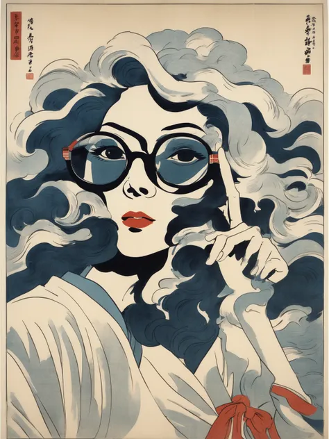 Photographie du corps entier d&#39;une femme obscène portant des lunettes, style artistique Ukiyo-e, avec les cheveux en bataille, nose blush, yeux mi-clos,  bouche ouverte, allongée sur son bureau, Face vers le haut, reculer, écarte les jambes, vue de fac...