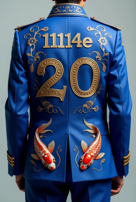  Design a royal blue jacket Number  #11114E ,  where the third 2025  ,  is written on the front in the right corner, where the third 2025 {x} is centered on the back, two very detailed and different beautiful carps 