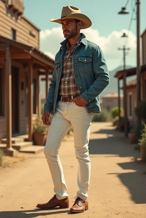 Mens outfit with white pants ,  brown shoes and denim jacket and cowboy hat 
