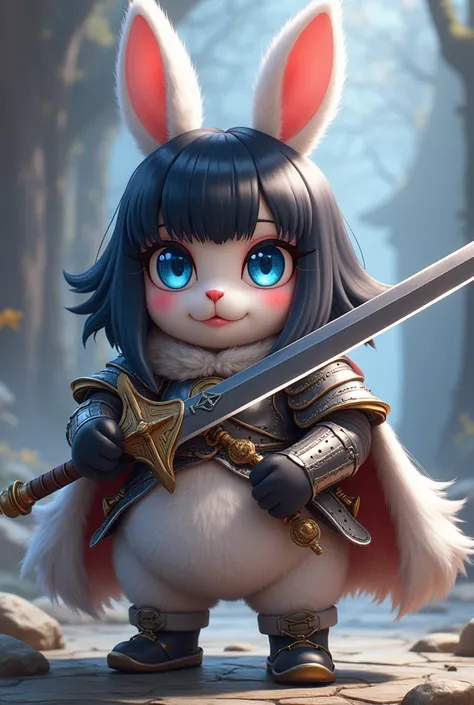  Furry girl plump rabbit with totally big blue eyes long eyelashes and pink lips pink cheeks and straight black hair with sword armor, with rabbit ears with a sword  