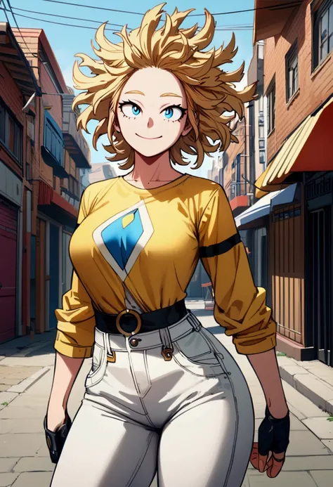 My hero academia, girl with long yellow messy hair, blue eyes, smiling, tall, street clothes, hourglass body shape