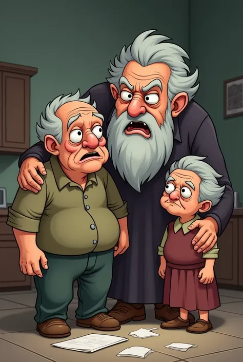 old son, bankrupt, angry old mother, old wife, 2d, cartoon
