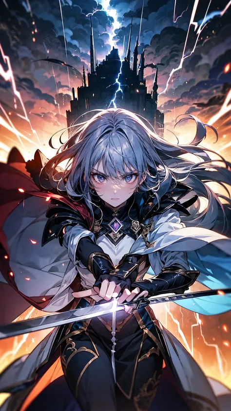 A fierce duel between a man and a woman, dynamic and intense, anime style, the man wields a massive broadsword with dark flames emanating from it, wearing black armor with glowing red runes, the woman wields a slender katana shimmering with ethereal blue l...