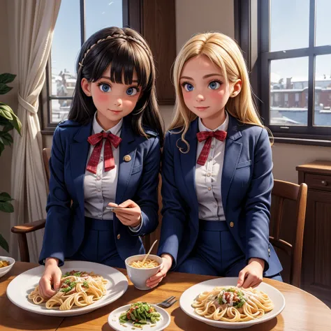 Two Women .(bluesky).window (8k)  Inside   room. Winter. Hair pins ribbon. Lace . Navy blazer uniform. leggings. White . Sit seat. table  (eat pasta)